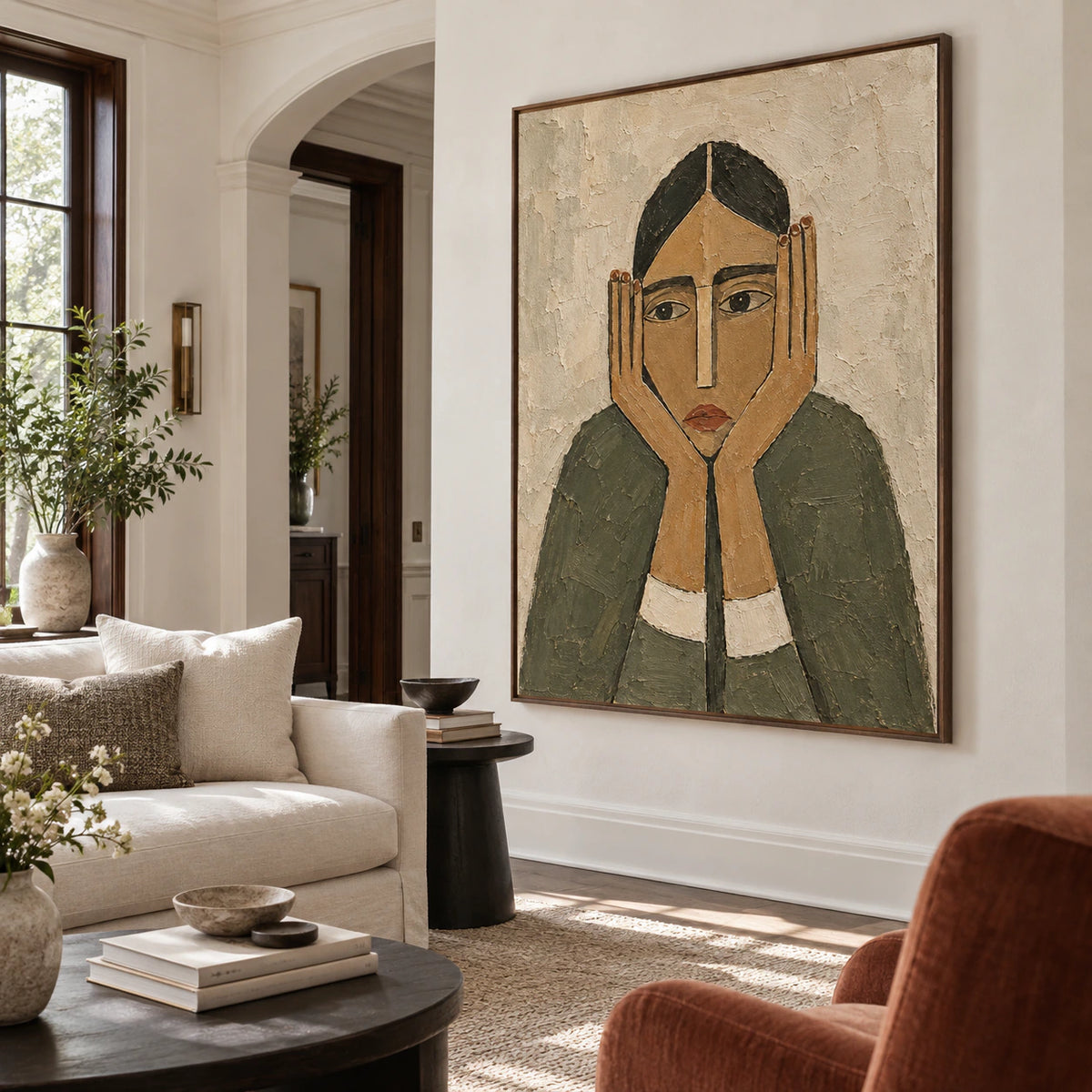Held-Gaze as the focal artwork in a bright contemporary living room.