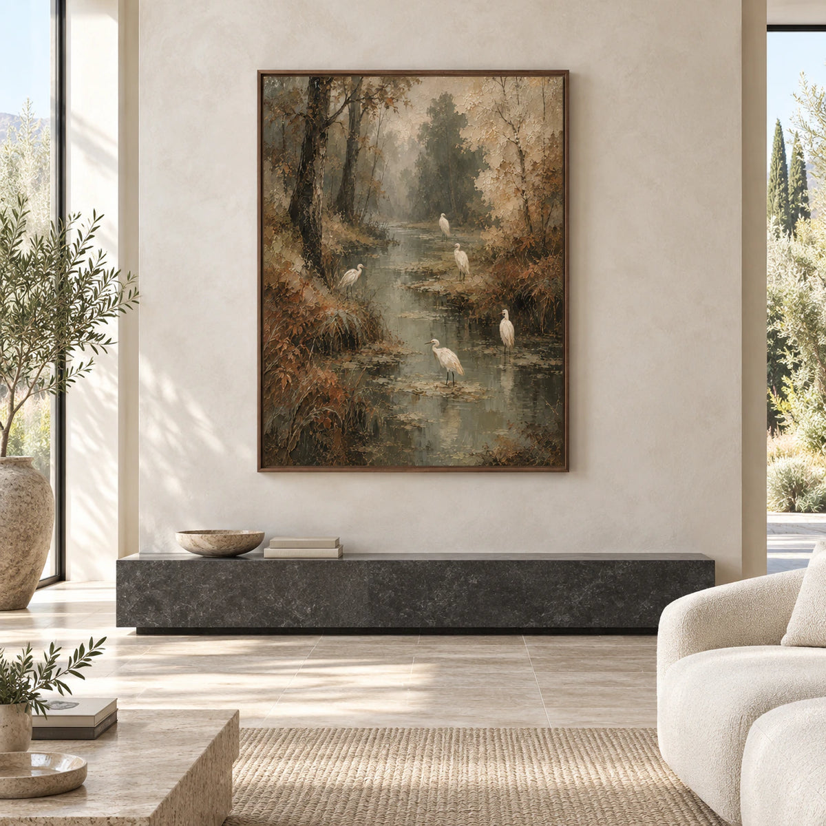 Large straight-on gallery view of Heron-Reverie above a low architectural console.