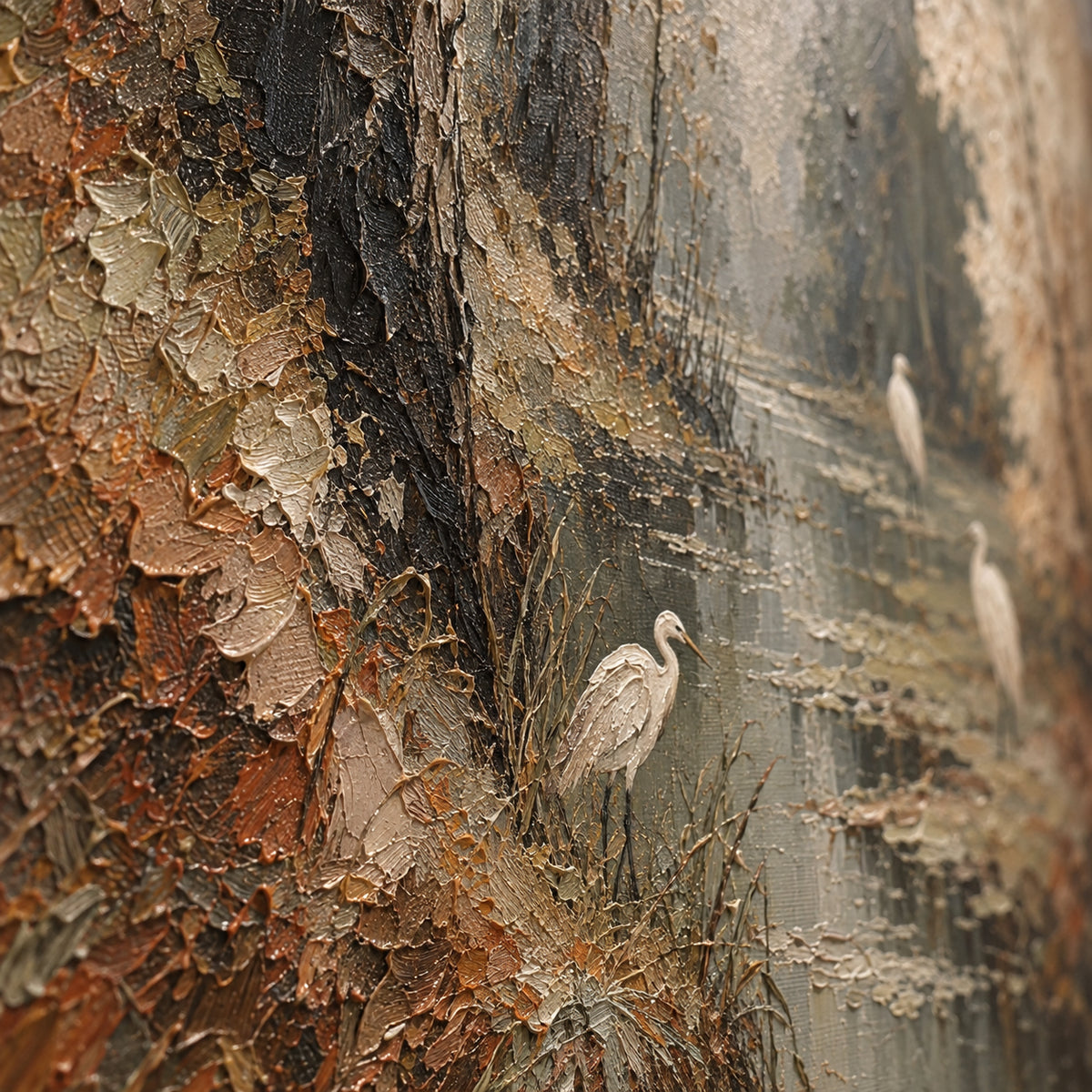 Heron-Reverie oil painting brushwork and impasto detail photographed from an oblique side angle