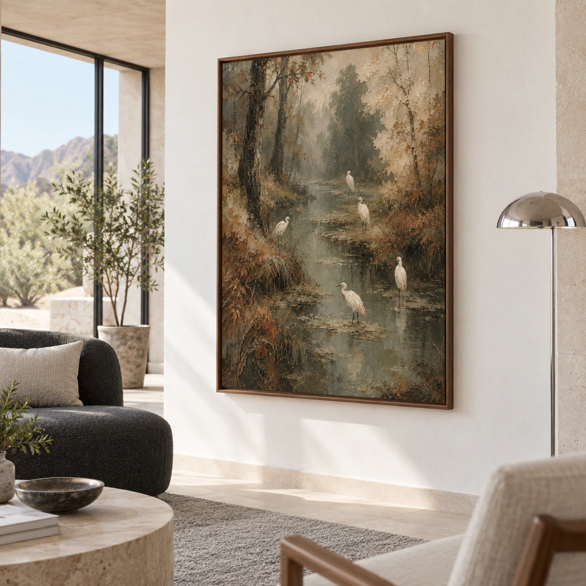 Heron-Reverie as the focal point in a bright contemporary living room.
