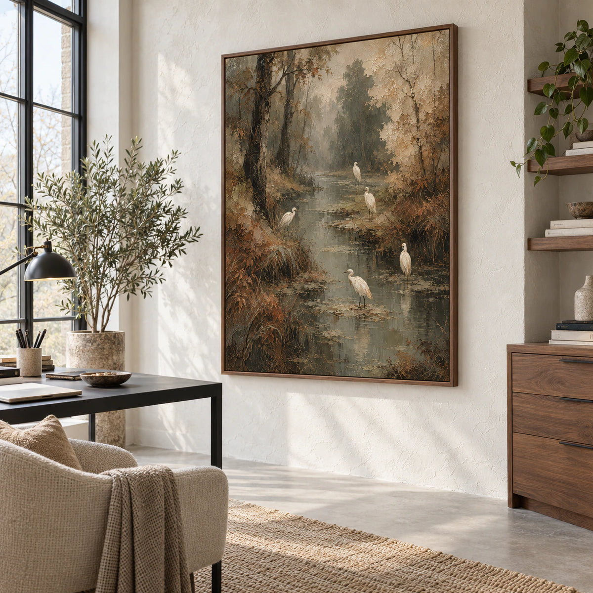 Heron-Reverie in an airy reading and home-office space.