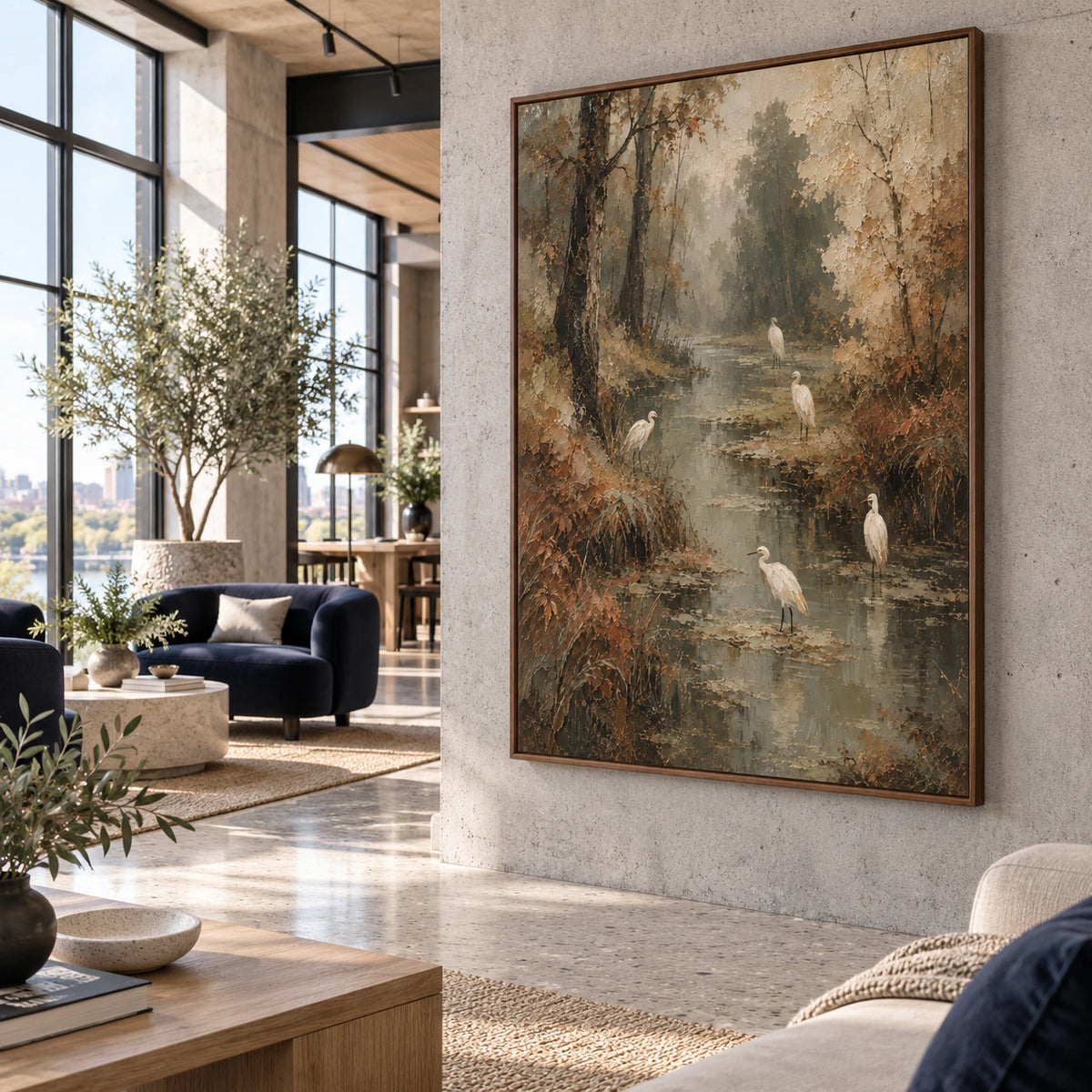 Heron-Reverie as the focal artwork in an expansive loft hospitality interior.