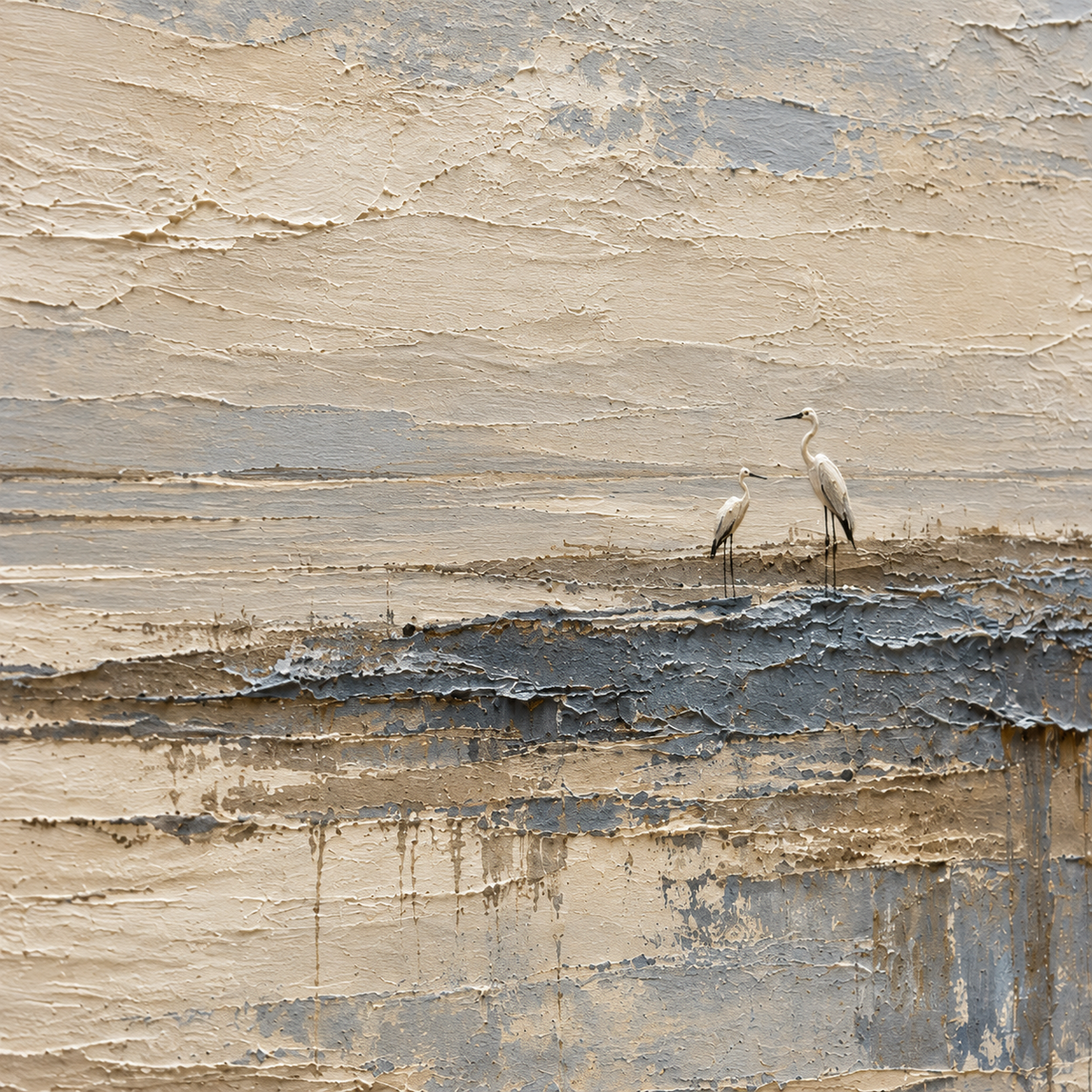 Close detail of Heron-Shoal oil painting from an oblique side angle, with grazing light revealing raised paint ridges and fine surface texture.