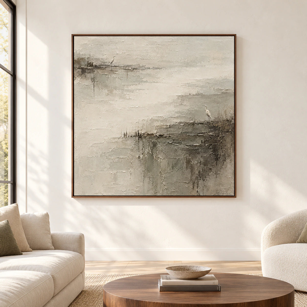Large square heron marsh painting displayed prominently on a broad pale wall in a spacious, bright room.
