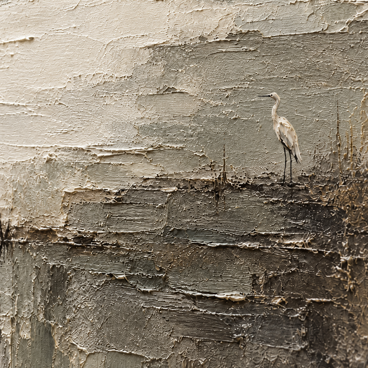 Heron-Stillness oil painting brushwork and impasto detail photographed from an oblique side angle