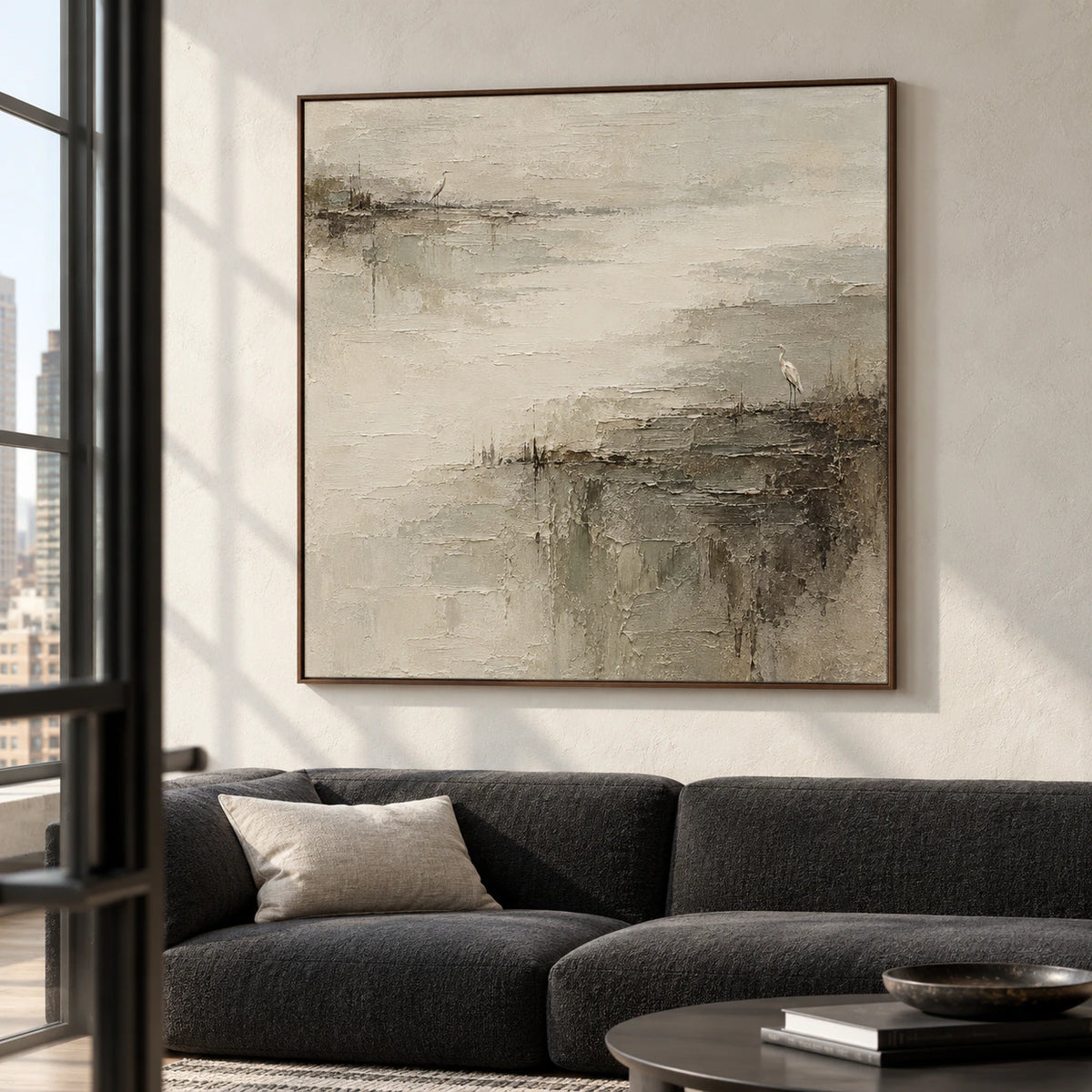 Large square heron marsh painting above a low charcoal sofa in a bright living room with pale walls and daylight.