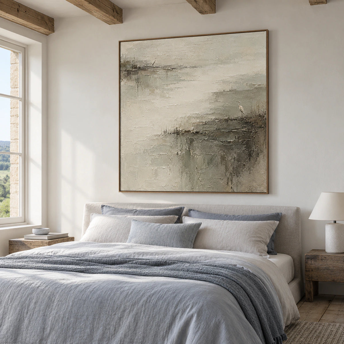 Large square heron marsh painting above a simple bed in a quiet, sunlit bedroom with muted linens and warm wood.