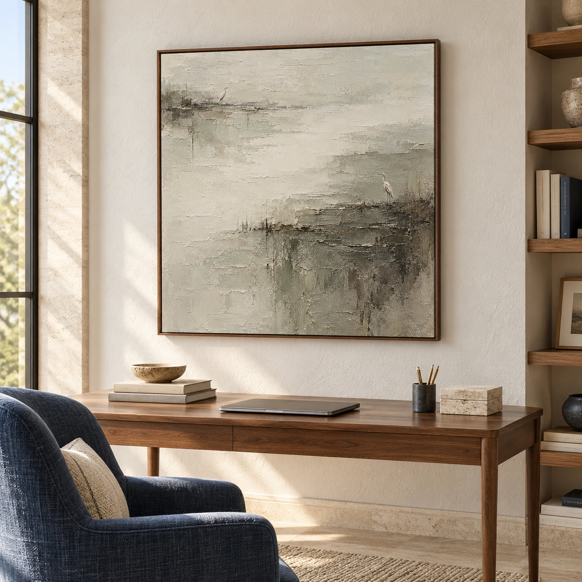 Large square heron marsh painting above a desk in an airy home office with bright daylight, restrained furnishings and open space.