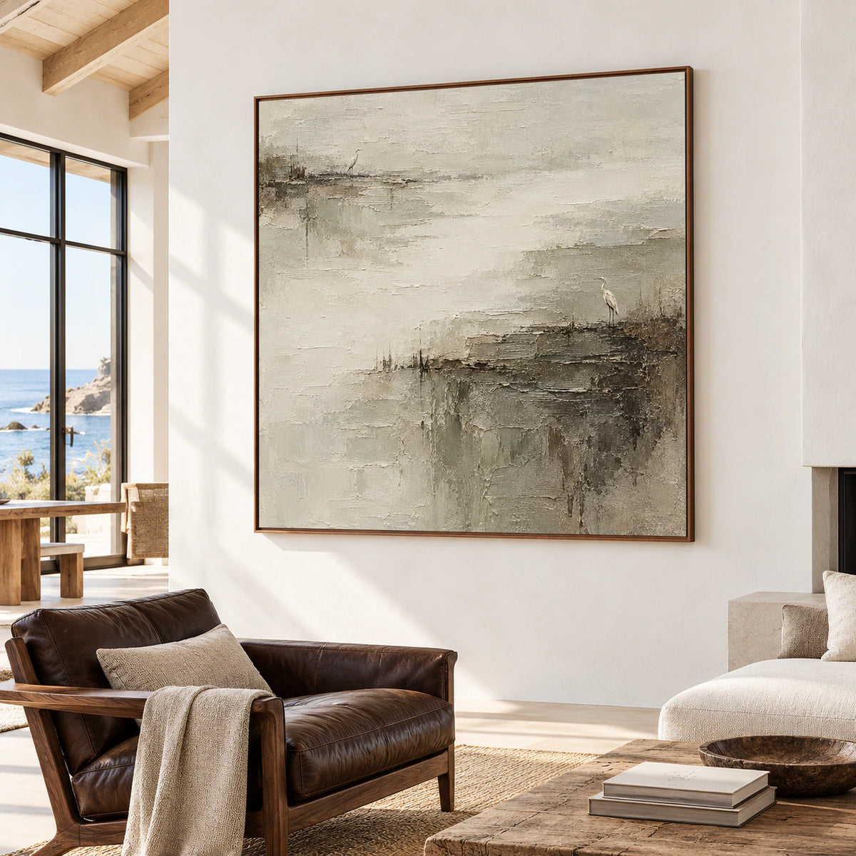 Large square heron marsh painting displayed at large scale in an expansive loft interior with high ceilings, generous windows and understated furnishings.