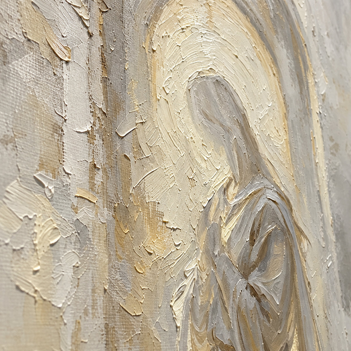 Hushed-Arch oil painting brushwork and impasto detail photographed from an oblique side angle