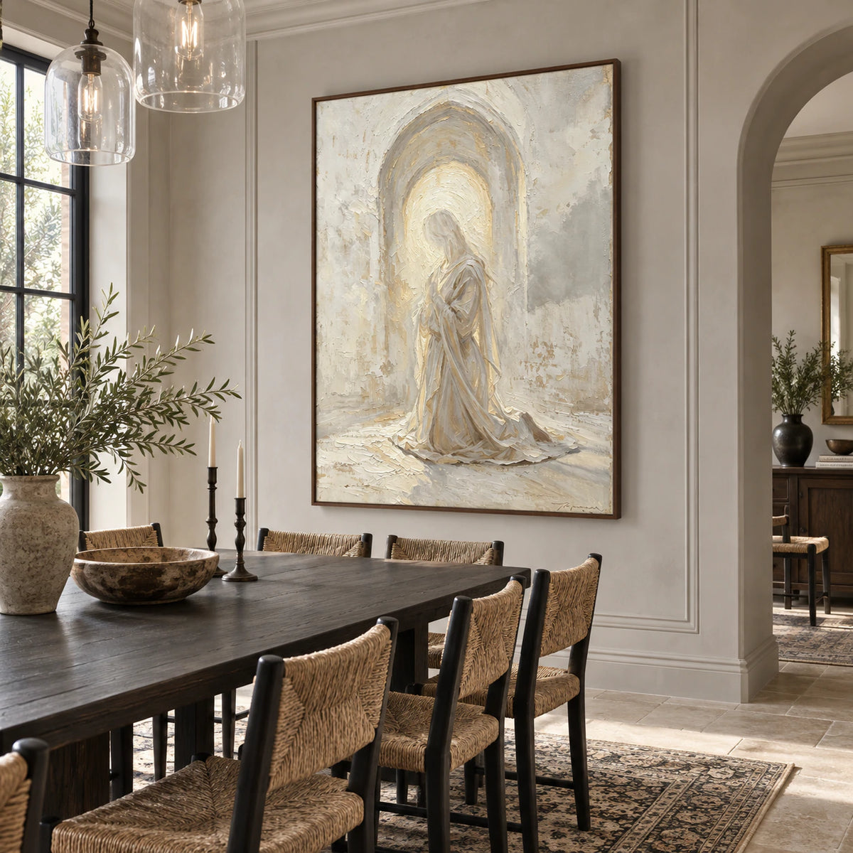 Hushed-Arch as the focal artwork in a refined daylight dining room.