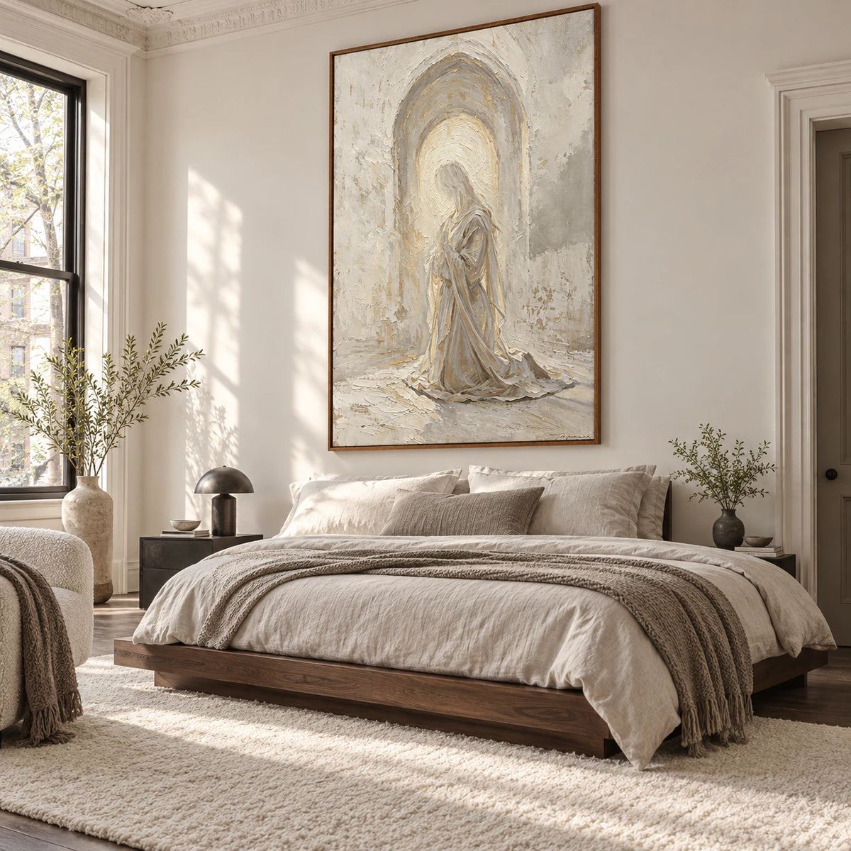 Hushed-Arch above a low bed in a quiet, light-filled bedroom.