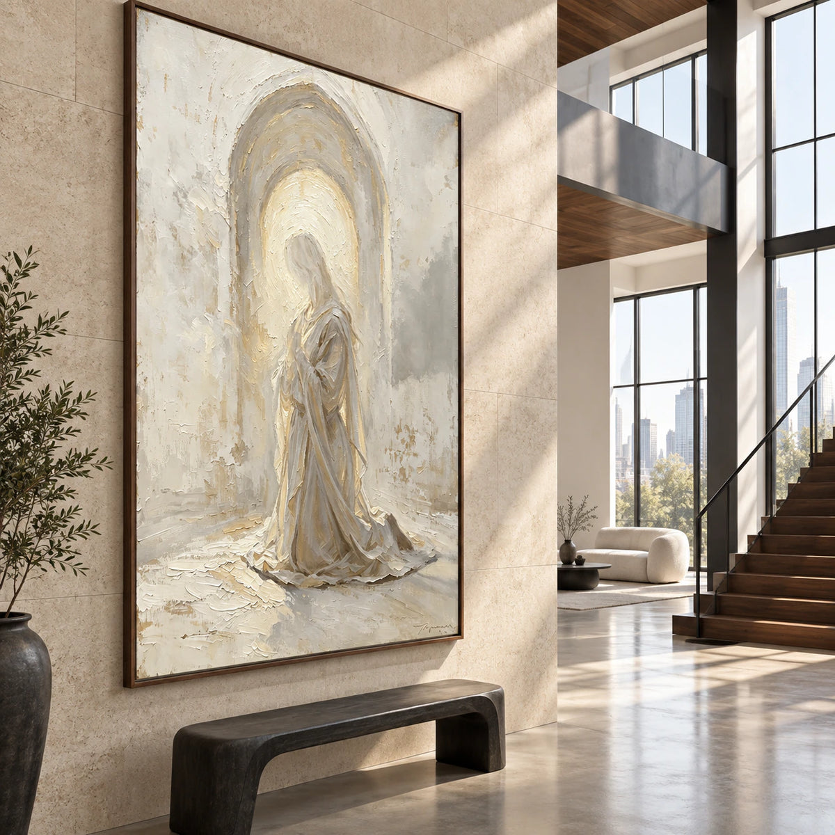 Hushed-Arch presented at gallery scale in a bright stone foyer.