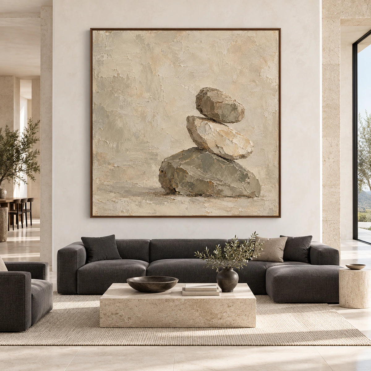 Large square Hushed-Cairn painting displayed straight-on in a spacious daylight-filled architectural interior.