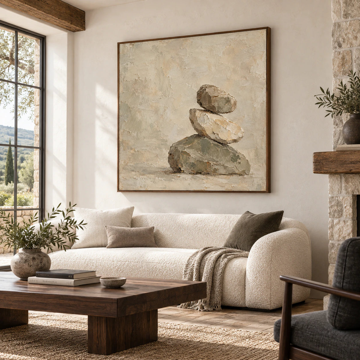 Large Hushed-Cairn painting above a restrained sofa in a bright living room.