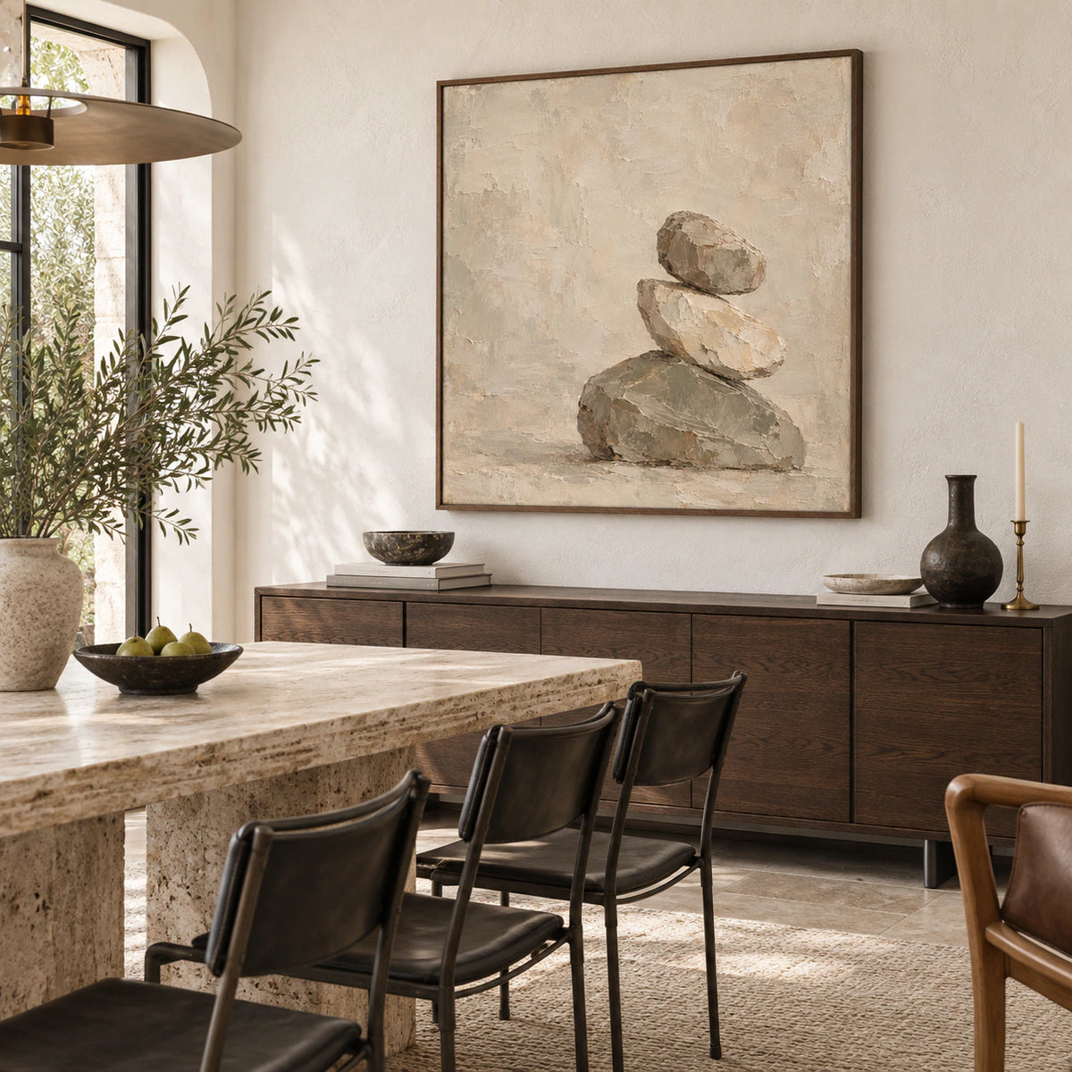 Large square Hushed-Cairn painting in a refined sunlit dining room.