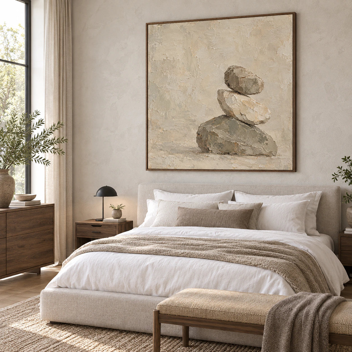 Large Hushed-Cairn painting as the focal point of a quiet, light-filled bedroom.