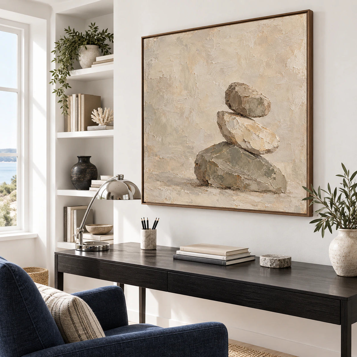 Large square Hushed-Cairn painting in an airy home office and reading space.