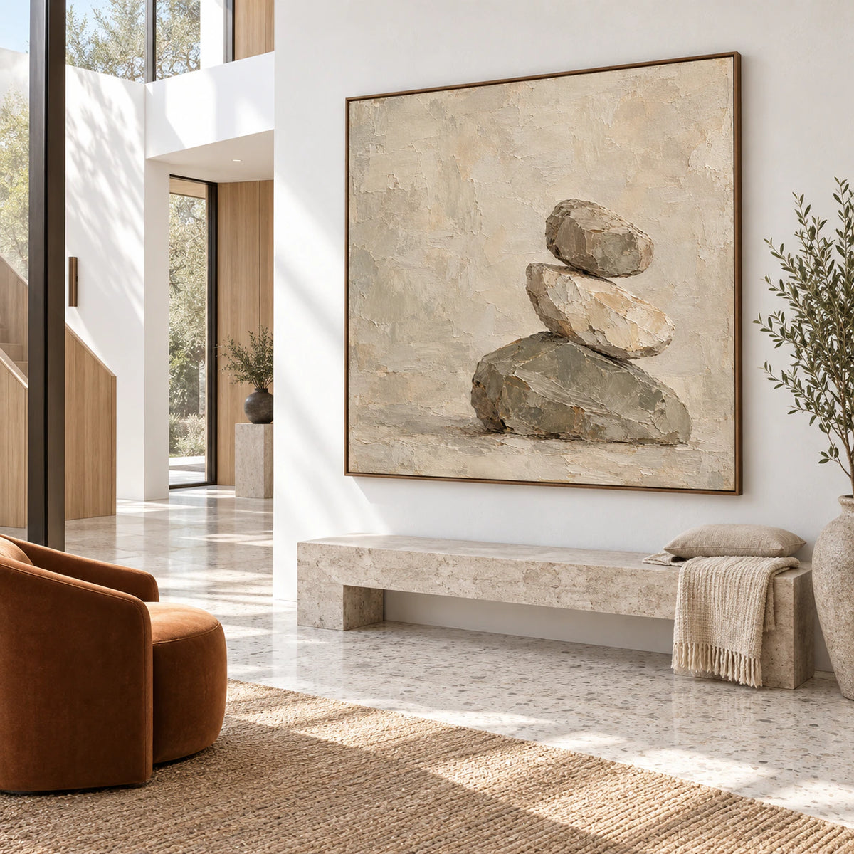 Gallery-scale Hushed-Cairn painting in a bright, architectural foyer.