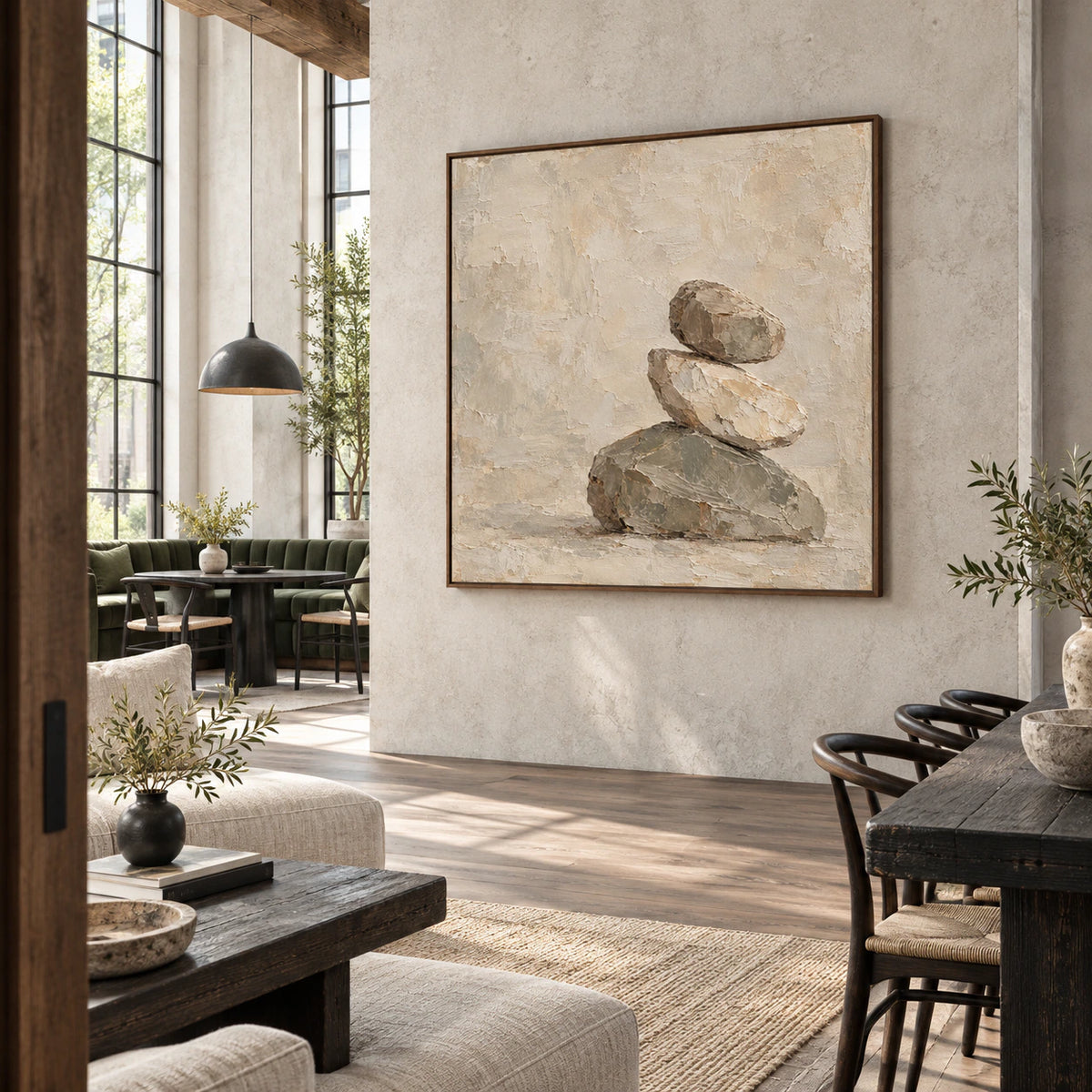 Large Hushed-Cairn painting featured in an expansive daylight-filled loft hospitality interior.