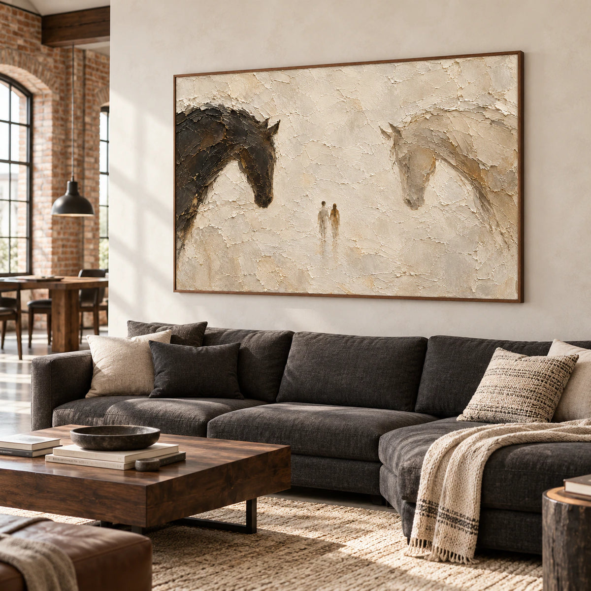 Horizontal painting above a charcoal sofa, viewed obliquely from the left in a bright living room with pale plaster walls and dark wood accents.