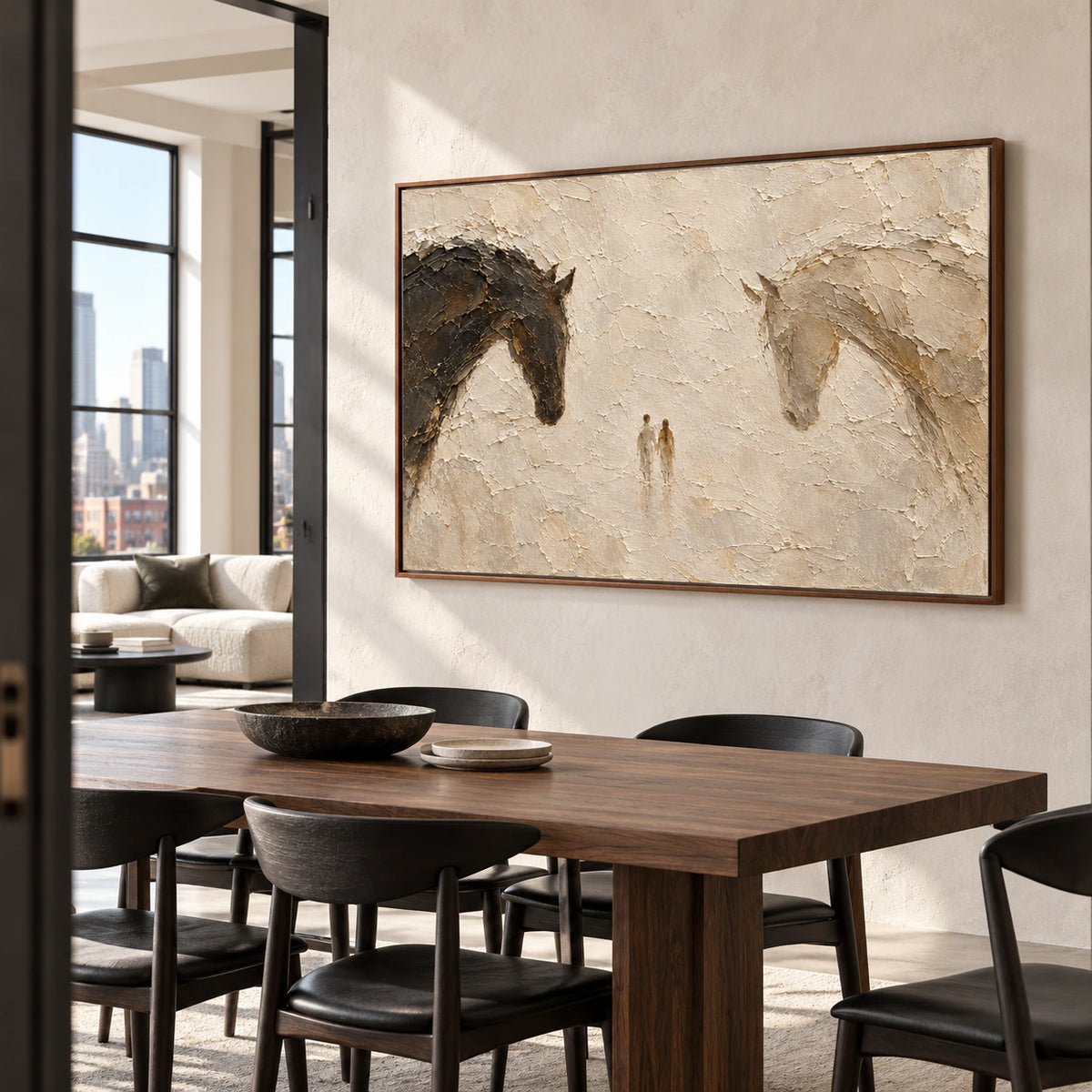Horizontal painting above a dark walnut dining table with sculptural black chairs, viewed obliquely from the right against a light stone wall in daylight.