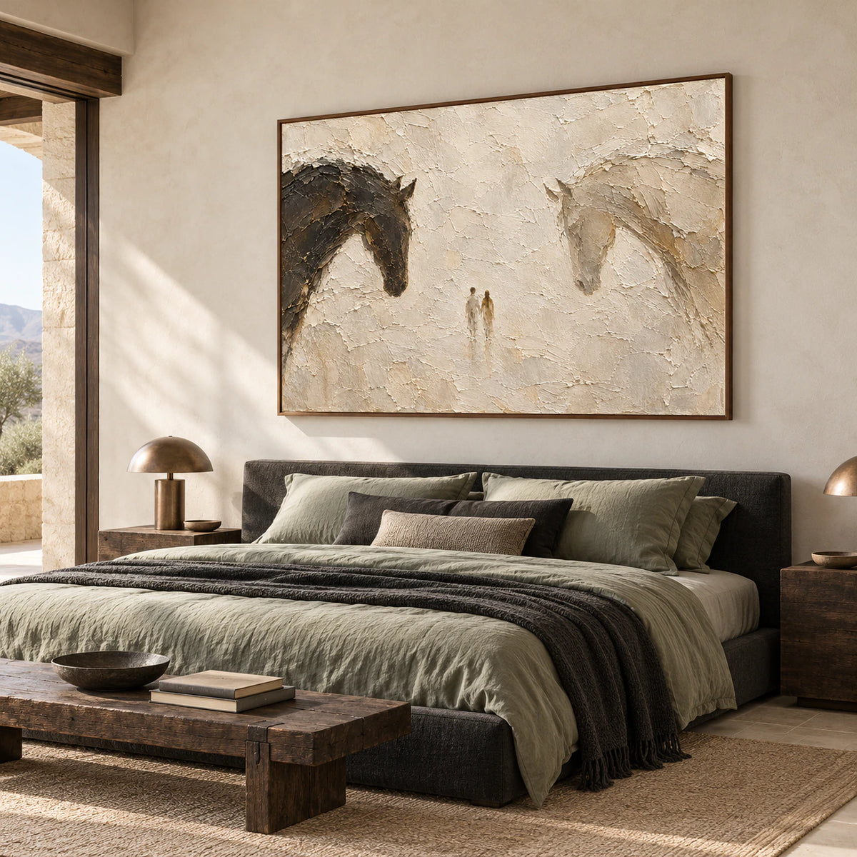 Horizontal painting above a low bed with muted sage bedding, viewed from a slightly elevated left angle in a bedroom with pale walls and dark timber details.