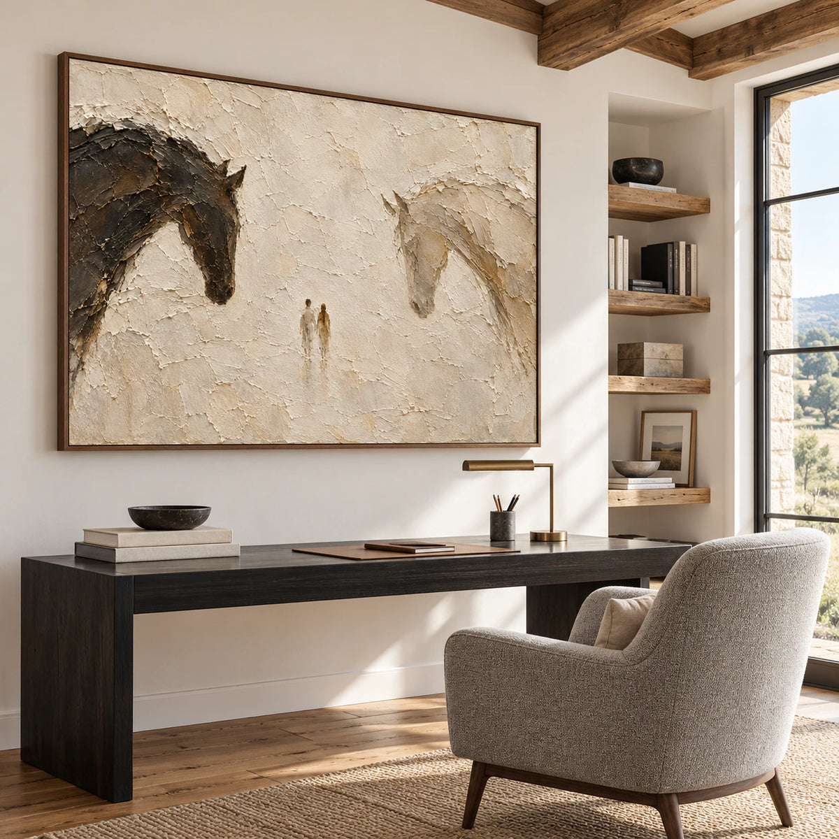 Large painting in a bright home office and reading space with a black desk, cool gray chair and open shelving, viewed obliquely from the right at seated height.