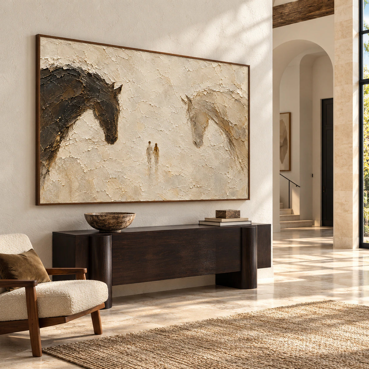 Large horizontal painting on a pale limestone wall in a tall, bright foyer with a dark console, viewed from a low left oblique angle.