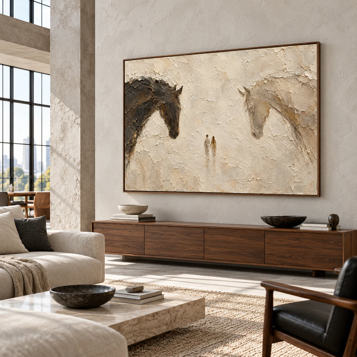 Horizontal painting in an expansive loft hospitality interior with high ceilings, cool gray surfaces, black seating and warm wood accents, viewed obliquely from the right.