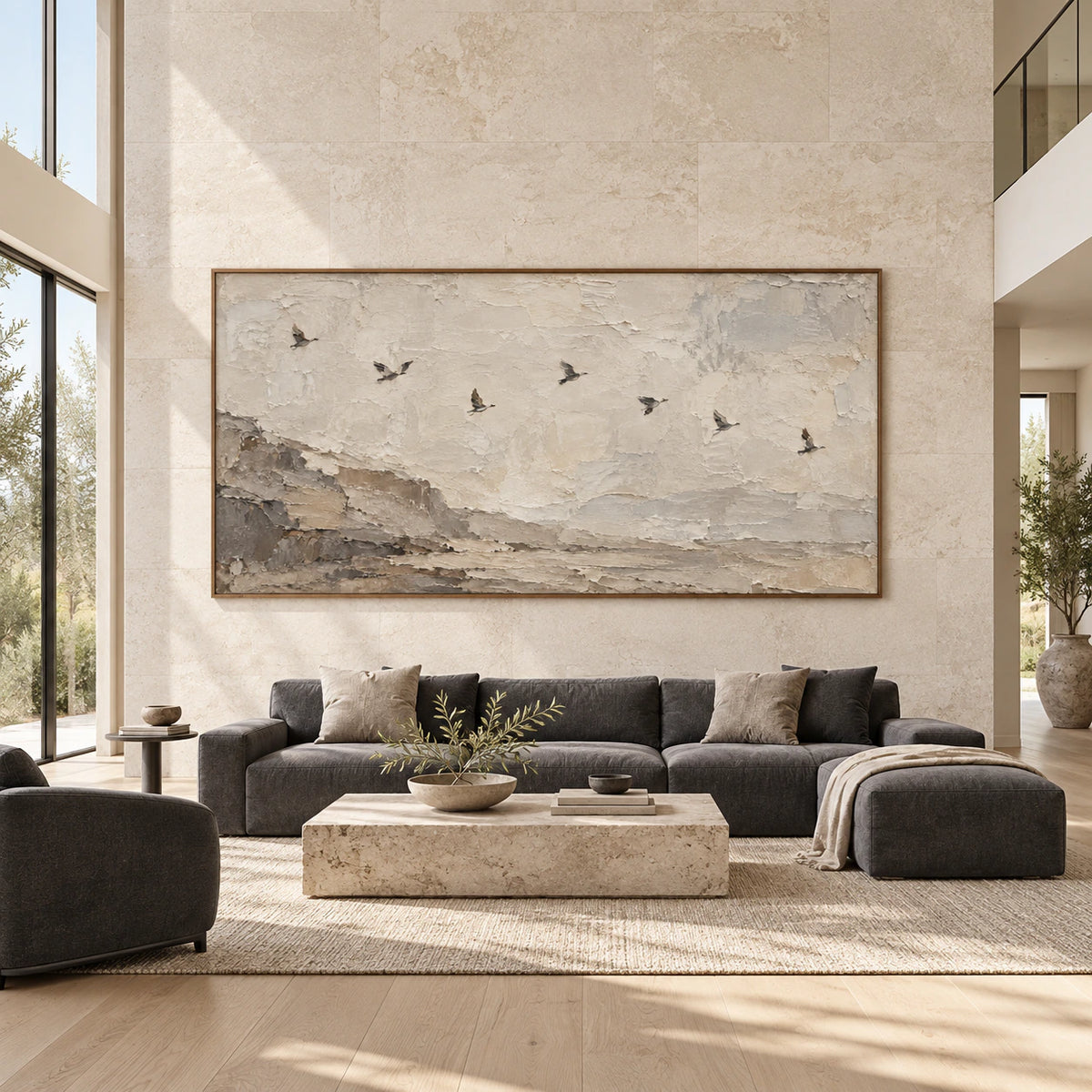 Large panoramic Hushed-Flight artwork displayed straight-on in a spacious sunlit interior.