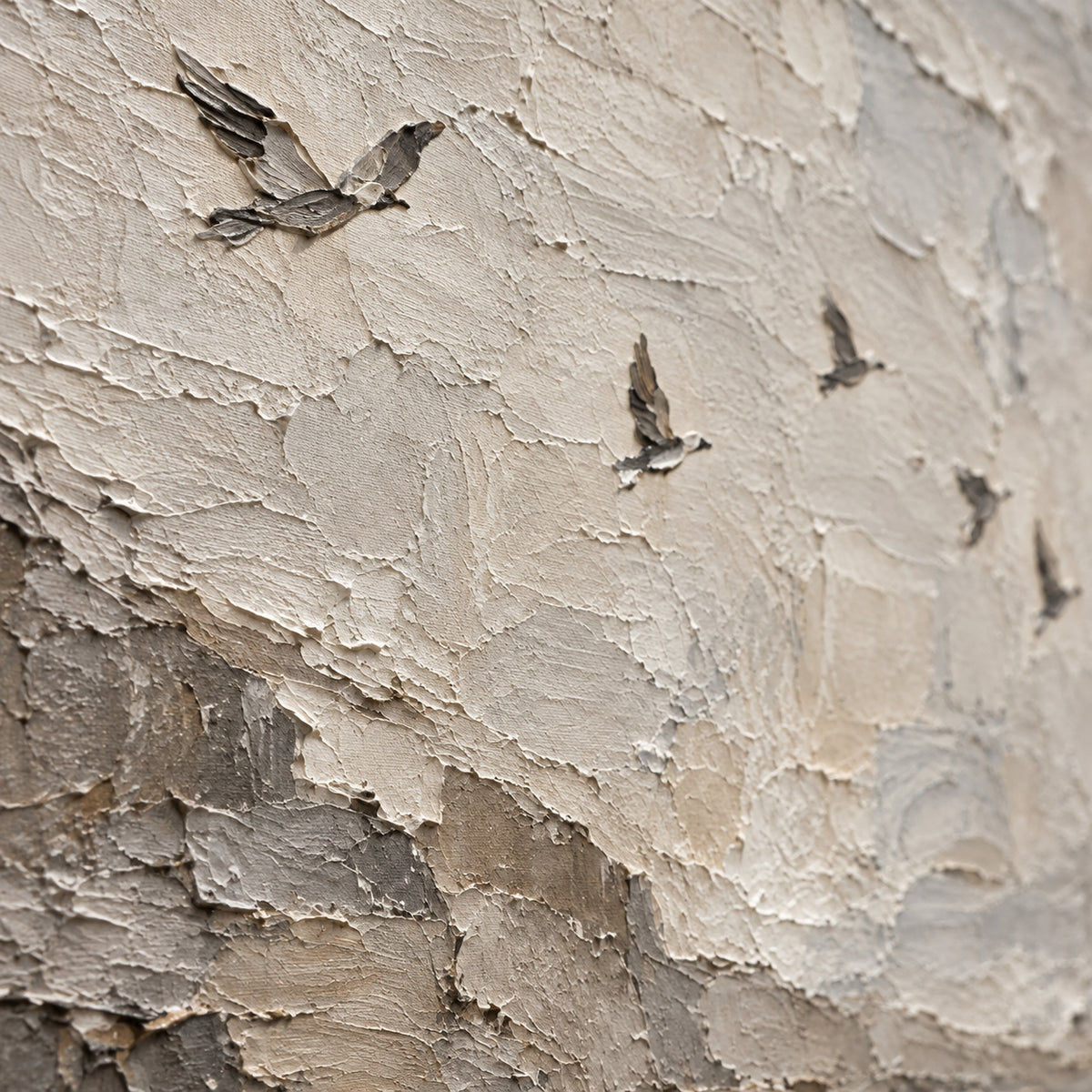 Hushed-Flight oil painting brushwork and impasto detail photographed from an oblique side angle
