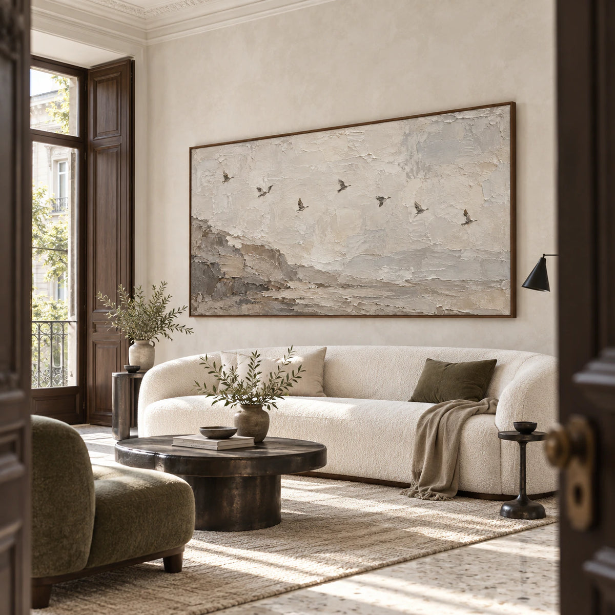 Hushed-Flight above a sofa in a bright contemporary living room.