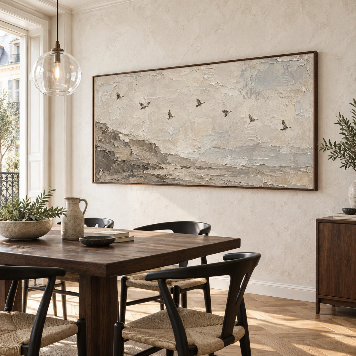Hushed-Flight in a refined daylight-filled dining room.