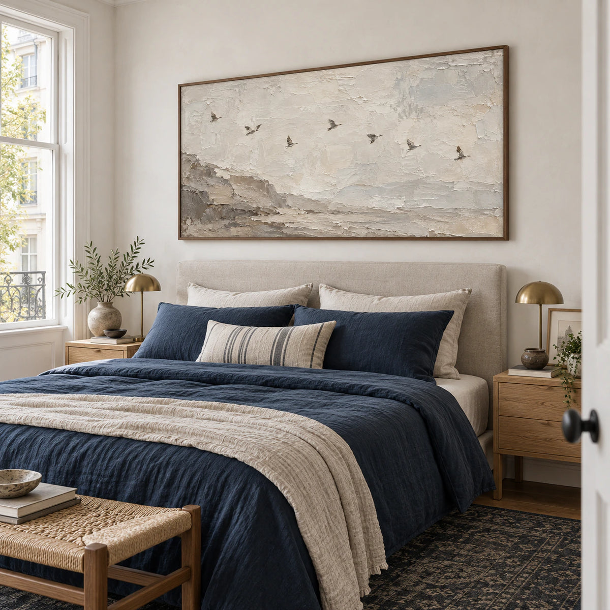 Hushed-Flight above a low bed in a quiet neutral bedroom.