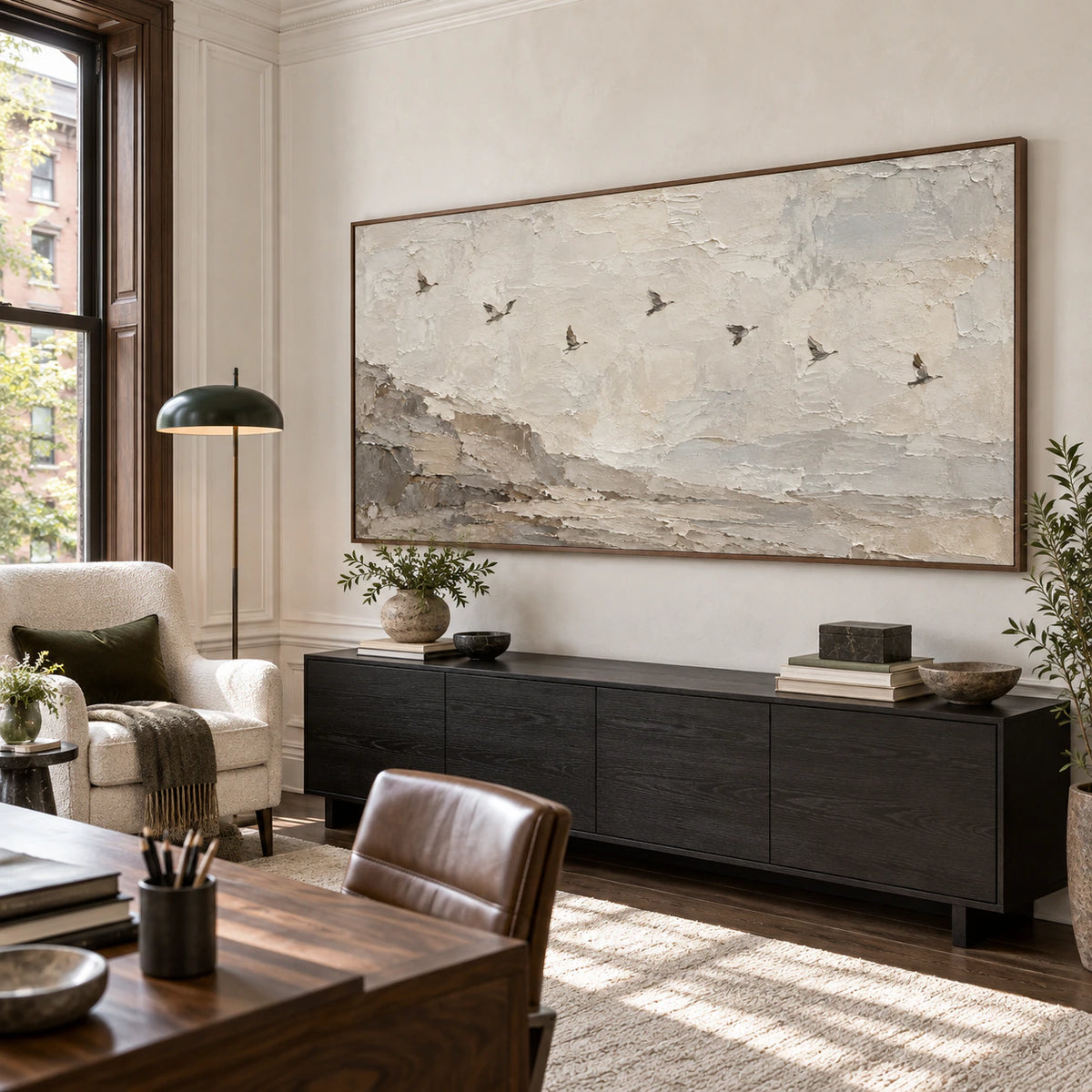 Hushed-Flight in an airy home office reading space.