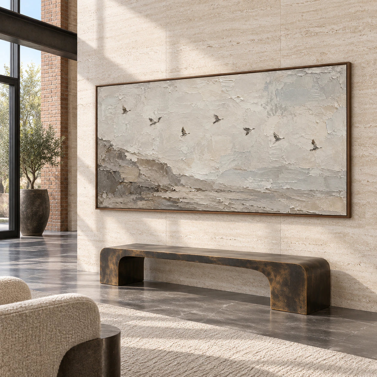 Large Hushed-Flight artwork in a gallery-scale foyer.