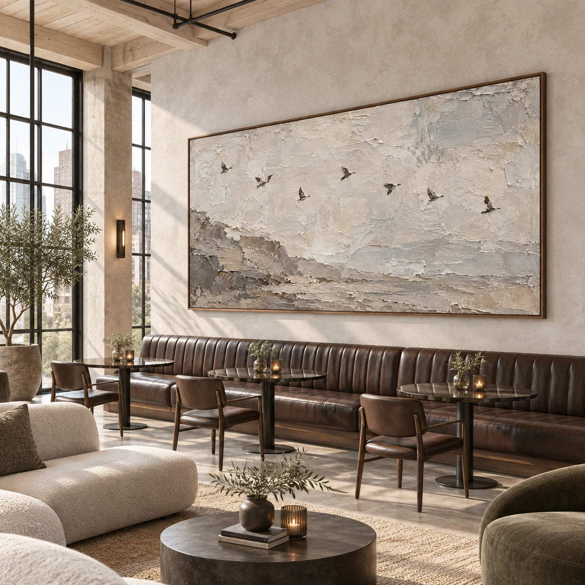 Hushed-Flight as the focal artwork in an expansive loft hospitality interior.