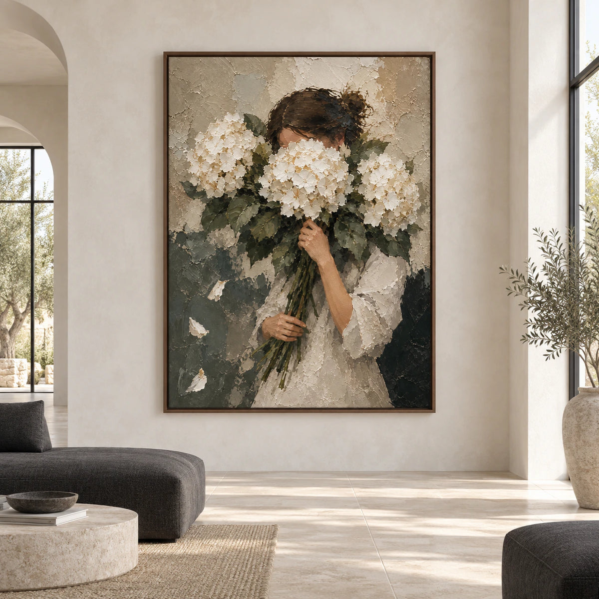 Large straight-on view of Hushed-Hydrangeas as a dominant vertical artwork in an open, daylight-filled interior.
