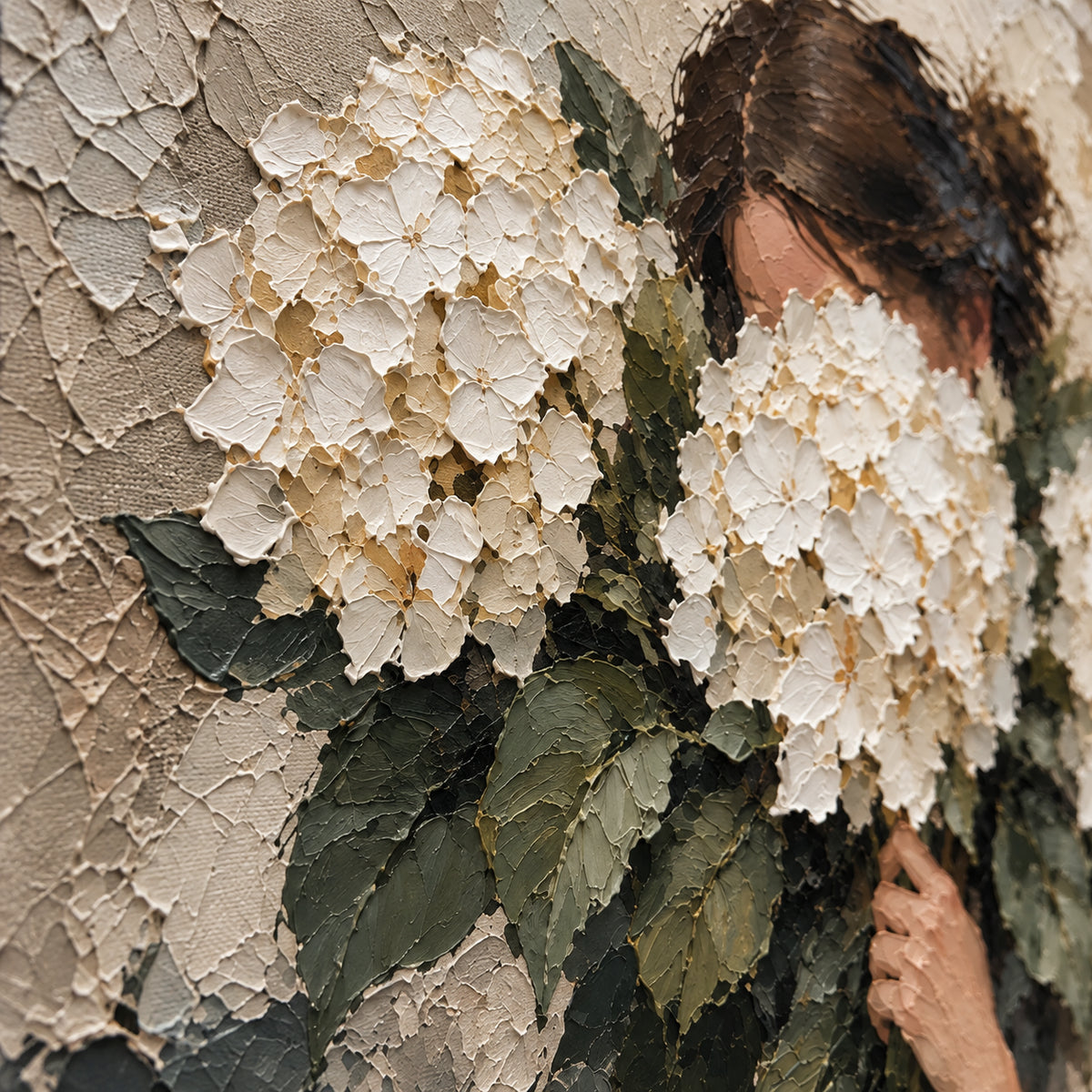 Hushed-Hydrangeas oil painting brushwork and impasto detail photographed from an oblique side angle