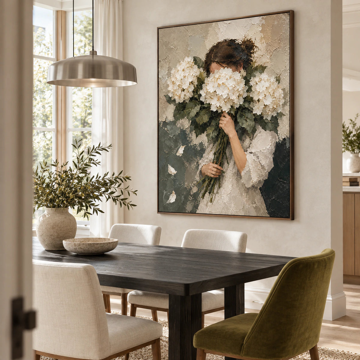 Hushed-Hydrangeas as the focal vertical artwork in a refined daylight dining room.