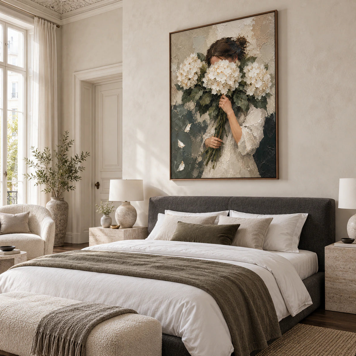 Hushed-Hydrangeas positioned prominently in a quiet, softly lit bedroom.