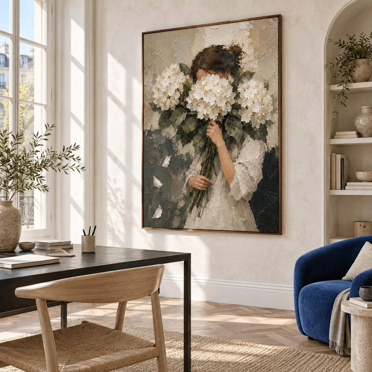 Hushed-Hydrangeas featured at large scale in an airy reading and home office space.