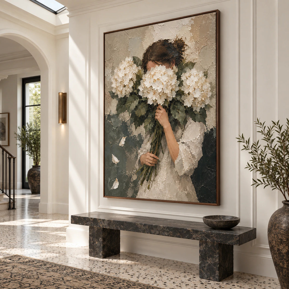 Gallery-scale foyer presenting Hushed-Hydrangeas as the central vertical artwork.
