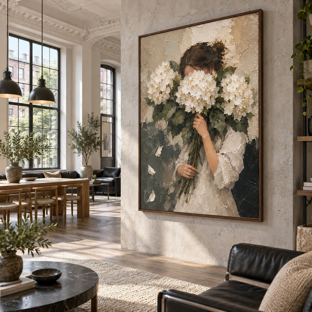Hushed-Hydrangeas displayed prominently in a bright expansive loft hospitality interior.