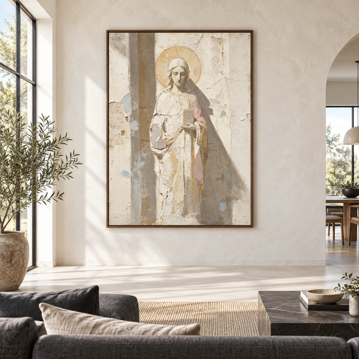 Large vertical Hushed-Icon artwork displayed straight-on at gallery scale in a bright architectural living space.