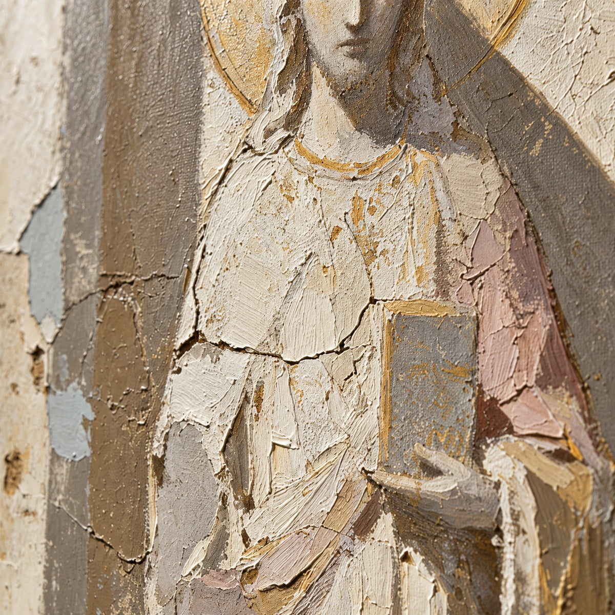 Hushed-Icon oil painting brushwork and impasto detail photographed from an oblique side angle
