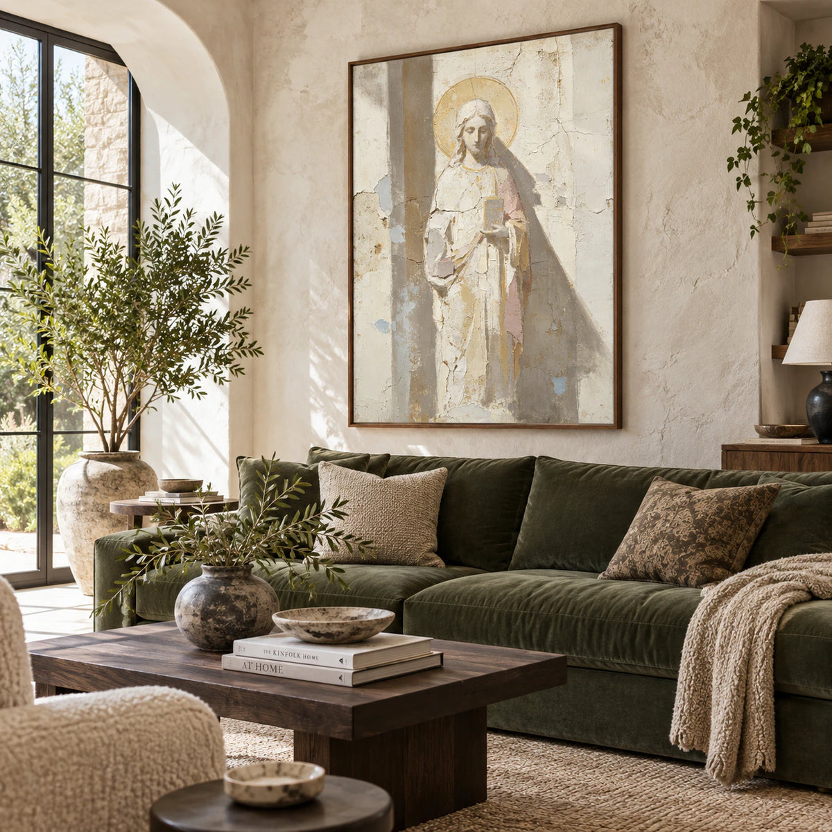 Hushed-Icon as the focal artwork above a restrained sofa in a bright living room.