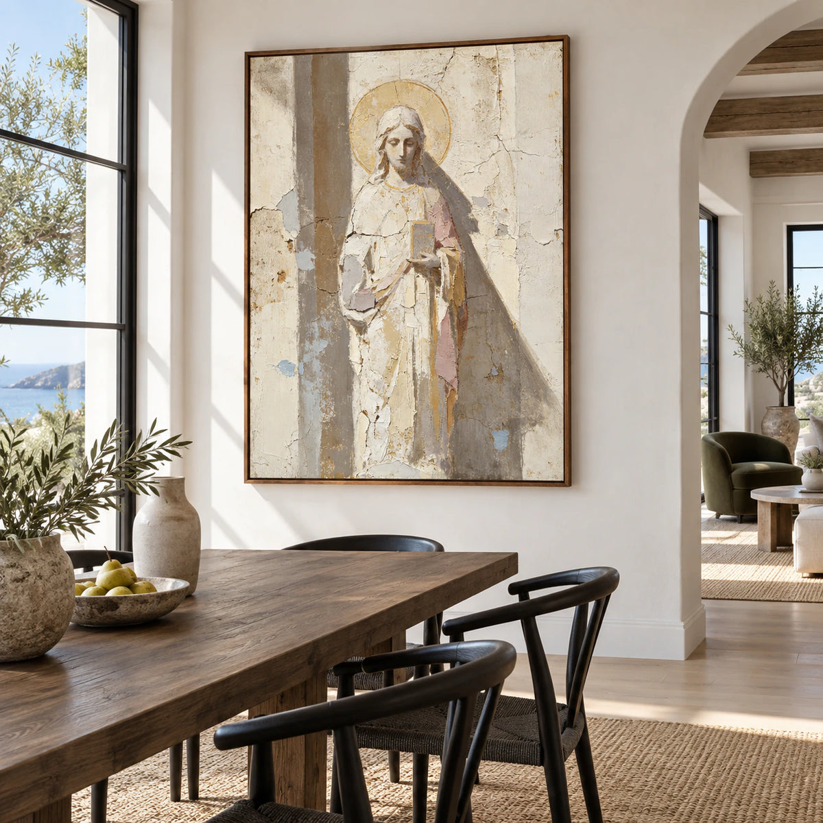 Large Hushed-Icon artwork in a refined daylight dining room with sculptural furnishings.