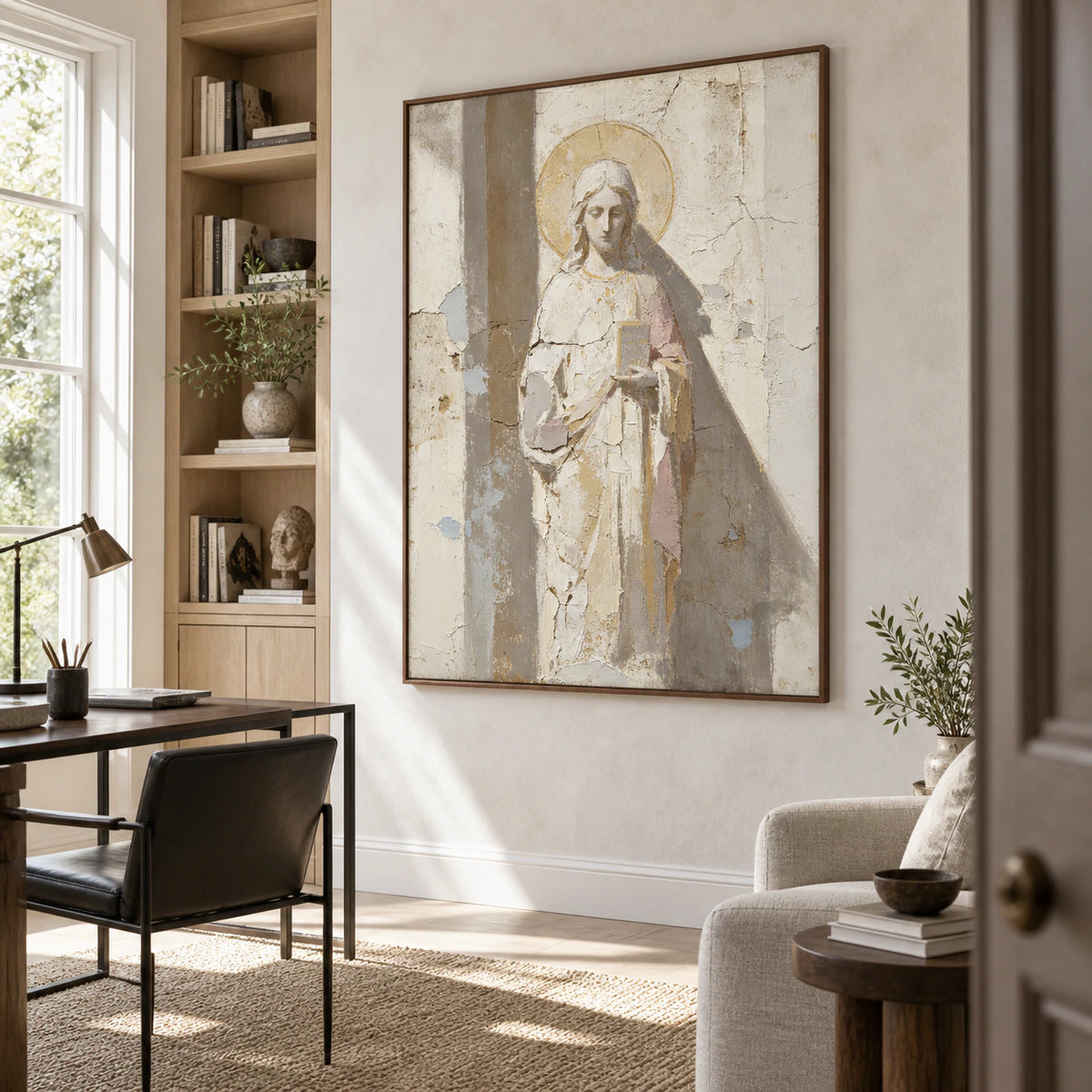 Hushed-Icon as the focal point in an airy home office reading space.